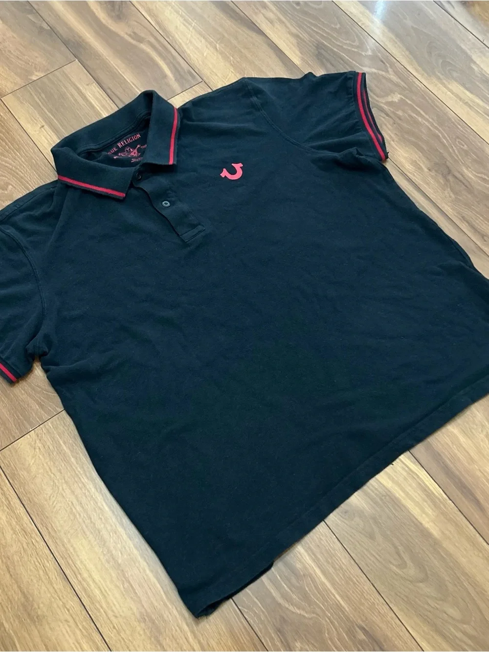 True Religion Polo Shirt Men Black Red Logo Short Sleeve Crafted With Pride/XL